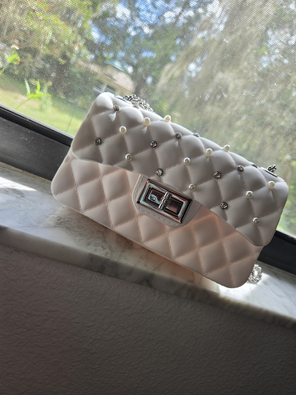 Quilted Pearl-Embellished Crossbody Bag in White